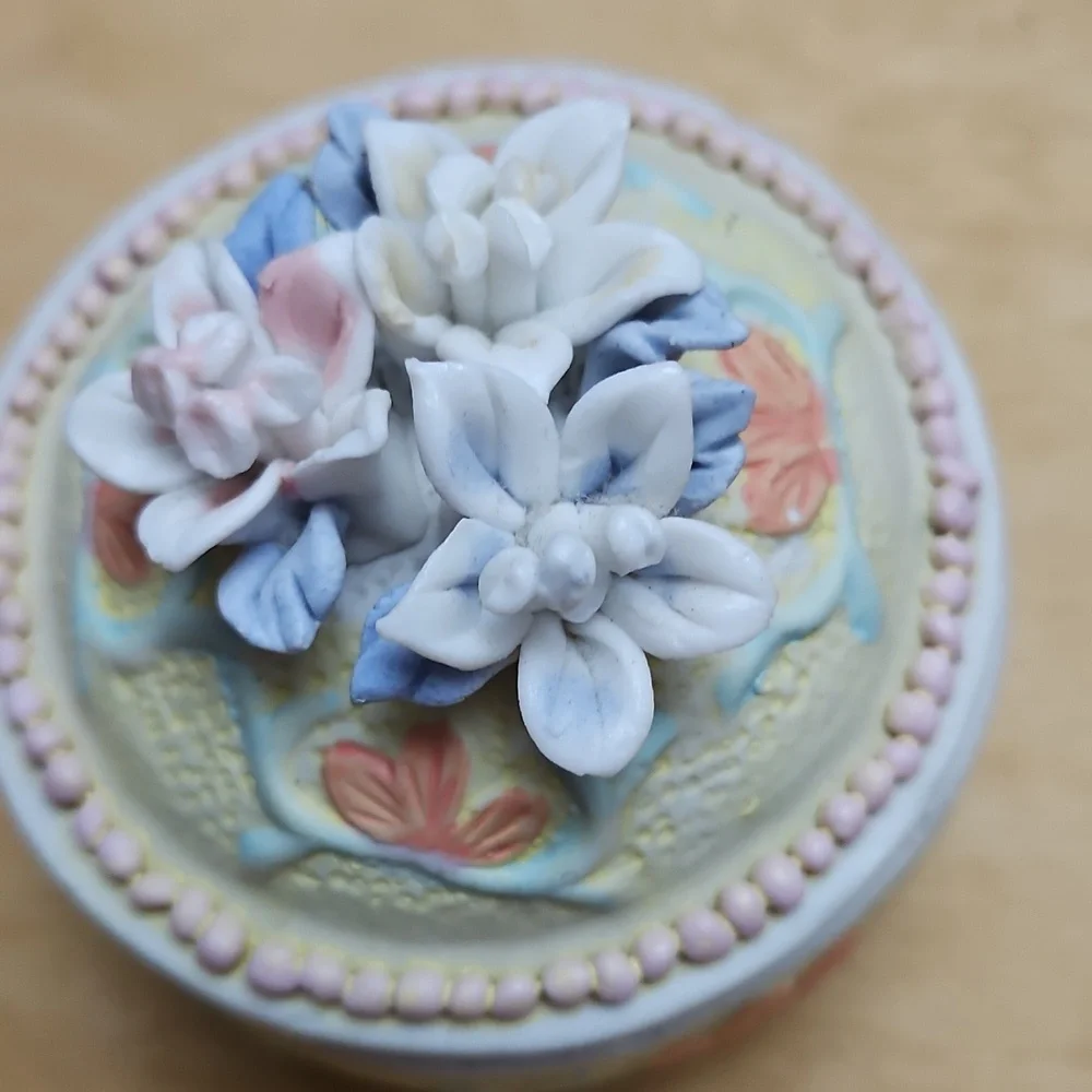 Floral Porcelain Round Trinket Box With 80s Vintage Decorative Keepsake Holder